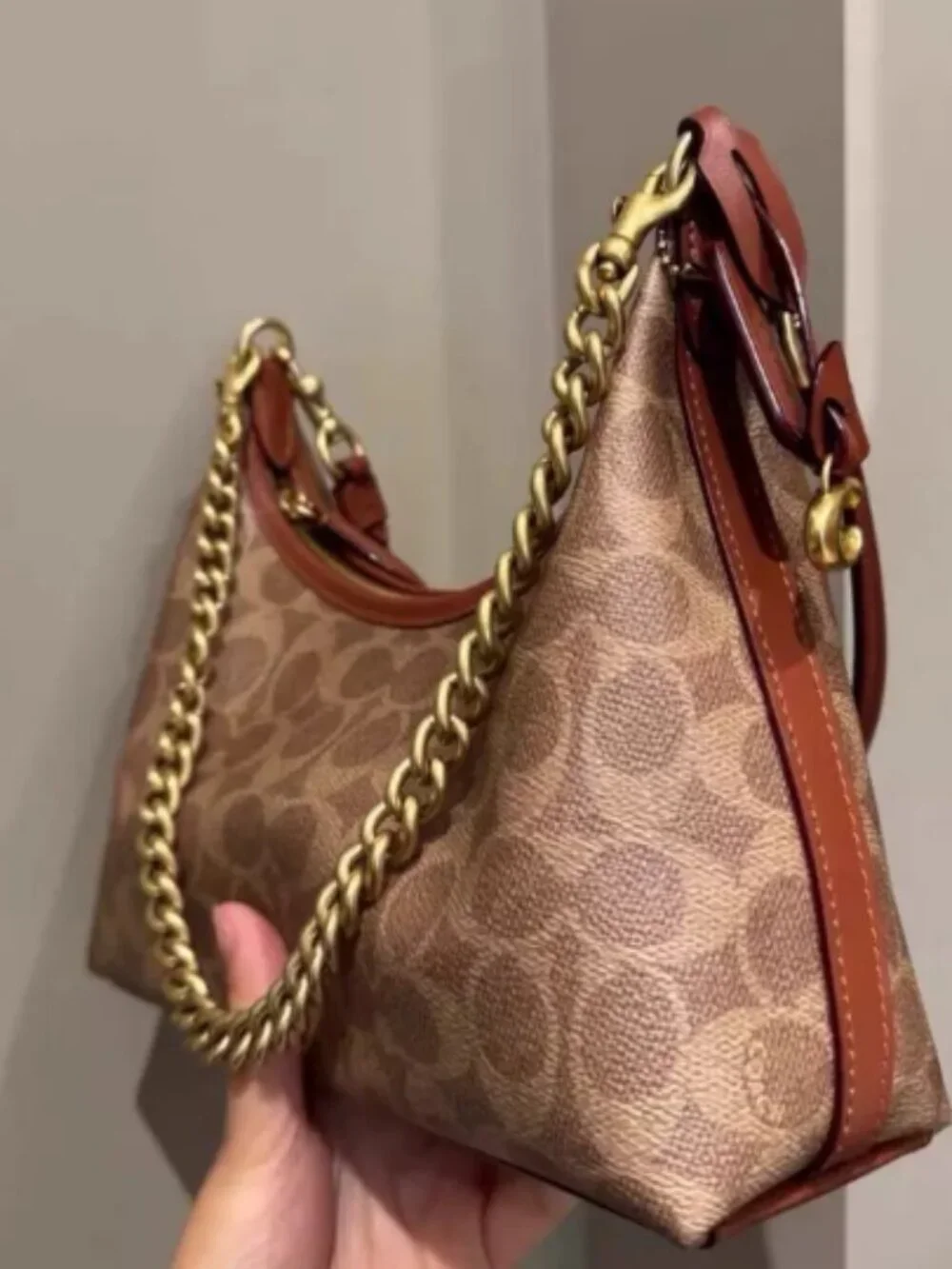 Coach Signature Brown Chain Shoulder Bag Crossbody Purse Authentic